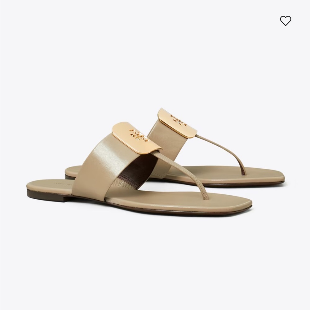 Tory Burch Taupe Georgia Slide Sandals with Gold Emblem - Picture 4 of 8